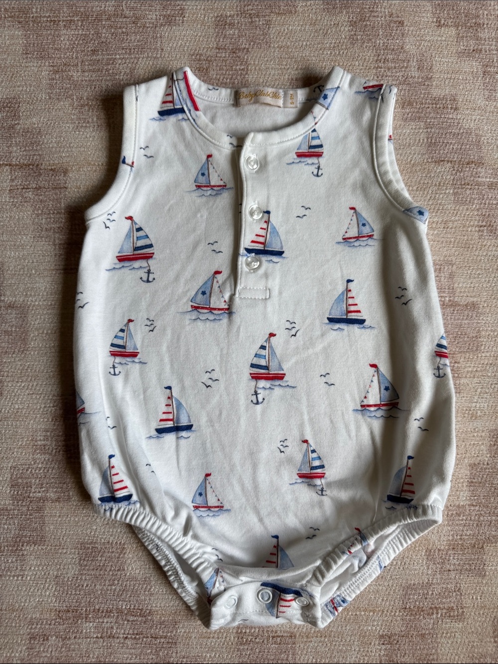 Baby Club Chic Sailboat Print Sleeveless  Romper White with Red & Blue 6-9M
